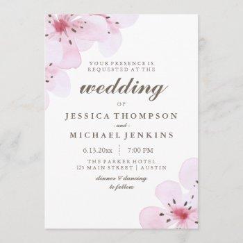 pink watercolor cherry blossoms wedding invitation