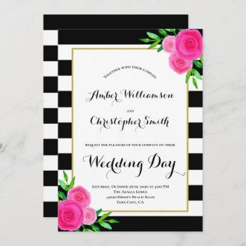 pink watercolor floral black white stripes wedding invitation