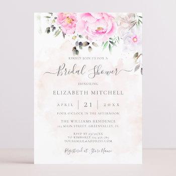 pink watercolor floral peony elegant bridal shower invitation