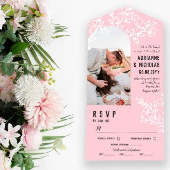 pink white blossoming branches photo wedding all in one invitation