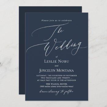 pixdezines luxe calligraphy navy blue wedding invitation
