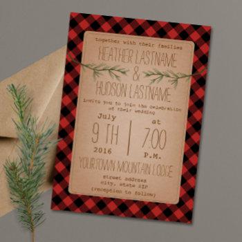 Small Plaid + Evergreen Branches Wedding Invite Front View
