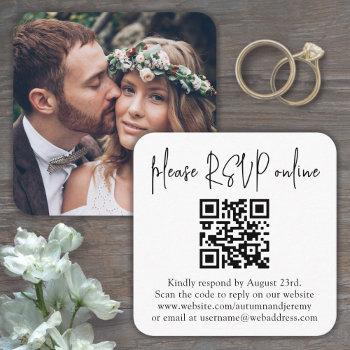 Small Please Rsvp Online Wedding Qr Code & Photo Square Enclosure Card Front View