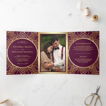 plum and gold ethnic mandala indian wedding tri-fold invitation