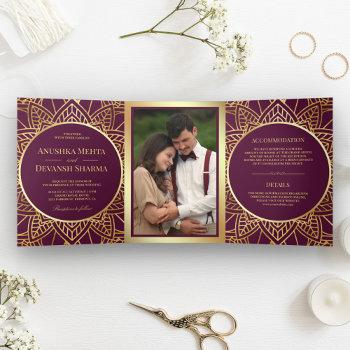plum and gold ethnic mandala indian wedding tri-fold invitation