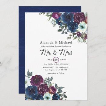 plum and navy floral wedding invitation
