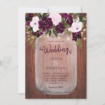 plum floral lights rustic wood wedding invitation
