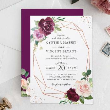 plum purple blush floral modern geometric wedding invitation