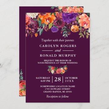 plum purple burgundy orange floral wedding invitation
