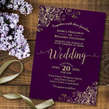 plum purple elegant gold lace calligraphy wedding invitation