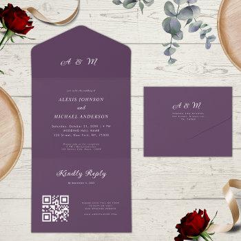plum purple elegant monogram qr code wedding all in one invitation