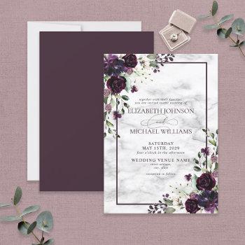 plum purple flower watercolor marble fall wedding invitation