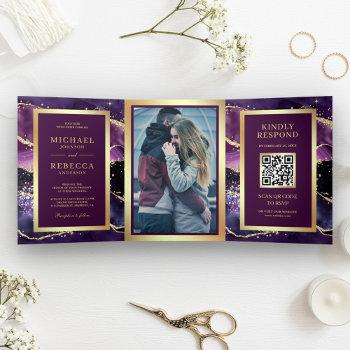 Small Plum Purple Gold Agate Marble Qr Code Wedding Tri-fold Front View