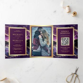 plum purple gold agate marble qr code wedding tri-fold invitation