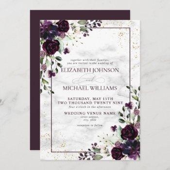 plum purple gold watercolor marble fall wedding in invitation