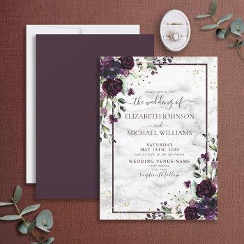 plum purple gold watercolor marble fall wedding invitation