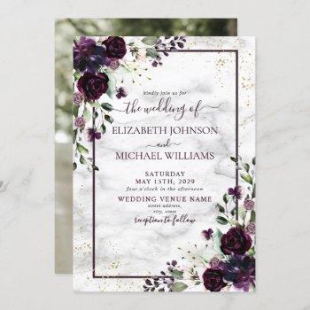 plum purple gold watercolor marble photo wedding invitation