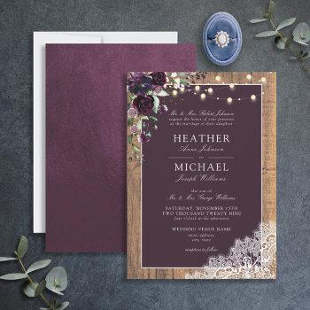 plum purple rustic wood lace script wedding invita invitation