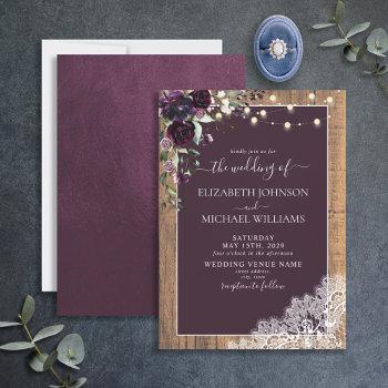 plum purple rustic wood lace script wedding invitation