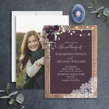 plum purple rustic wood script lace photo wedding invitation