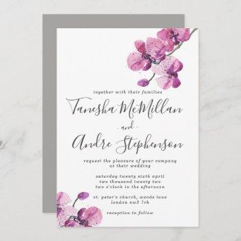 plum watercolor orchids wedding invitation