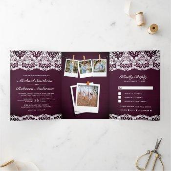 plum wood country lace photo collage wedding tri-fold invitation