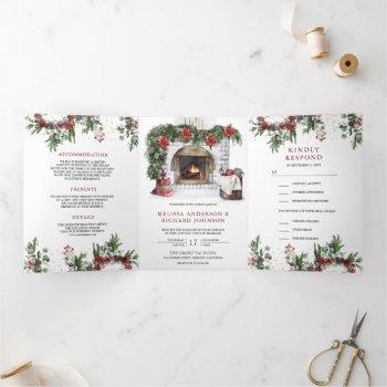 poinsettia floral fireplace christmas wedding tri-fold invitation