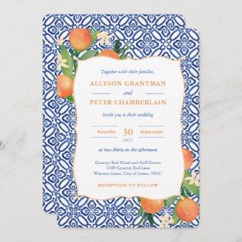 positano blue tiles oranges citrus wedding invitation
