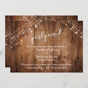 Small Postponed Wedding Announcement Rustic Wood Lights Front View