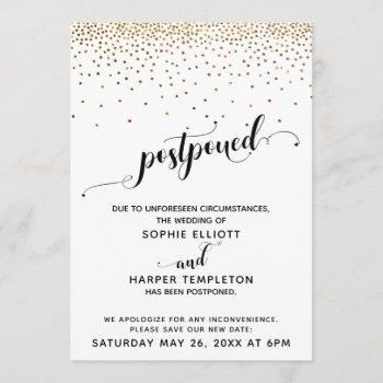 Small Postponed Wedding Gold Confetti & Hearts Script Front View