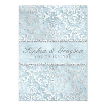 Small Powder Blue Glimmer Damask Wedding Invite Front View