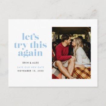 powder blue let's try this again change the date announcement postcard