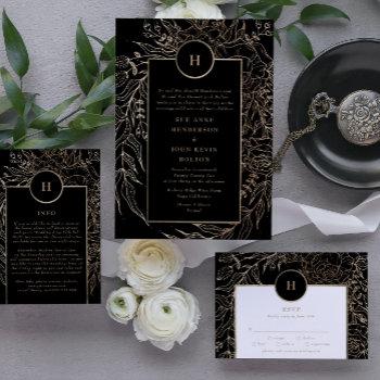 premium black gold monogram wreath wedding invitation