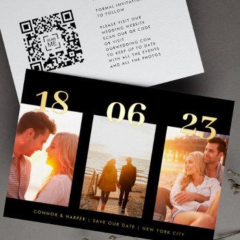 Small Premium Gold Three Photo Qr Code Save The Date Foil Front View