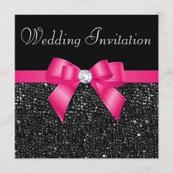printed black sequins and hot pink bow wedding invitation