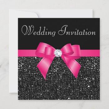 printed black sequins and hot pink bow wedding invitation