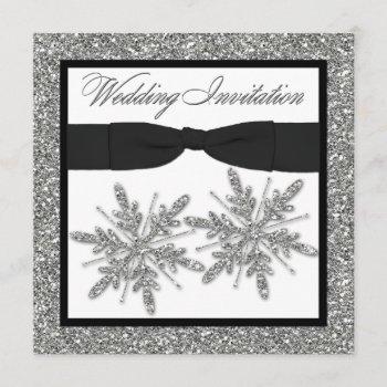 Small Printed Bow Glitter Look Snowflakes Wedding Invite Front View