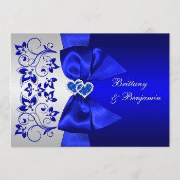 printed ribbon blue, silver floral wedding invite