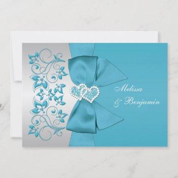printed ribbon blue, silver floral wedding invite