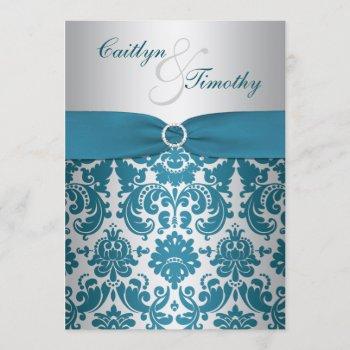 printed ribbon silver, teal damask wedding invite