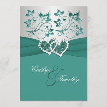 Small Printed Ribbon Teal Silver Joined Hearts Invite Front View