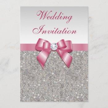 printed silver sequins and bow pink wedding invitation