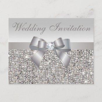 printed silver sequins, bow & diamond wedding invitation