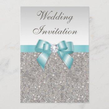 Small Printed Silver Sequins Diamonds Teal Bow Wedding Front View
