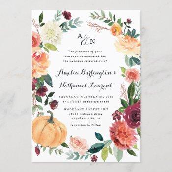 pumpkin elegant fall floral rustic themed wedding invitation