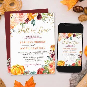 pumpkin fall in love botanical floral gold wedding invitation