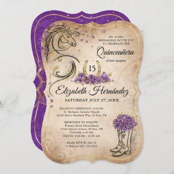 purple and gold quinceañera rustic horse birthday invitation