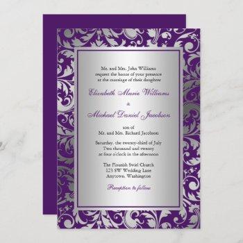 purple and silver damask swirls wedding invitation