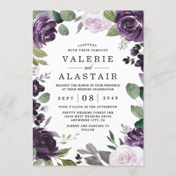 purple and silver elegant floral white wedding invitation