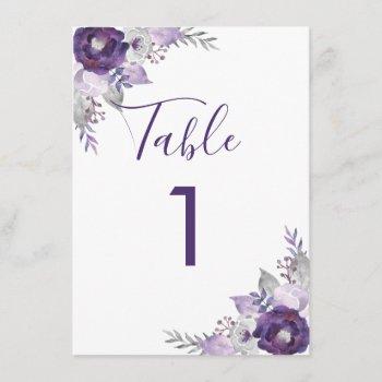 Small Purple And Silver Watercolor Floral Table Number Front View